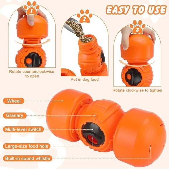 Interactive Dog Toy, Orange Rolling Treat Dispenser Slow Feeder Puzzle w Squeaky - Picture 5 of 16